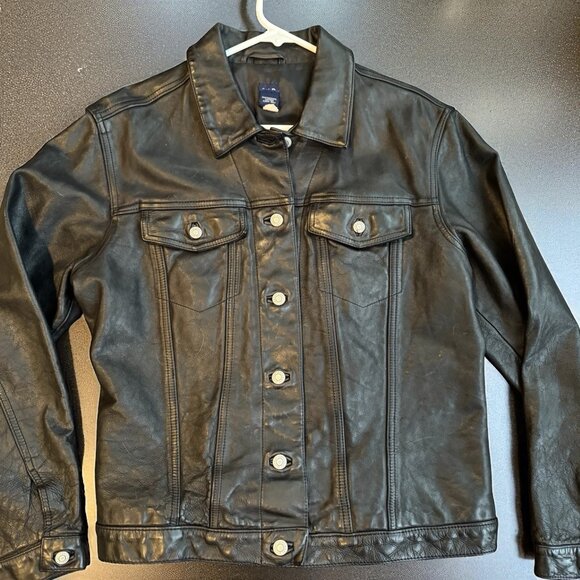 Y2K Vintage Gap Black Leather Trucker Jacket SZ M Medium Grunge Biker EUC - Picture 1 of 16